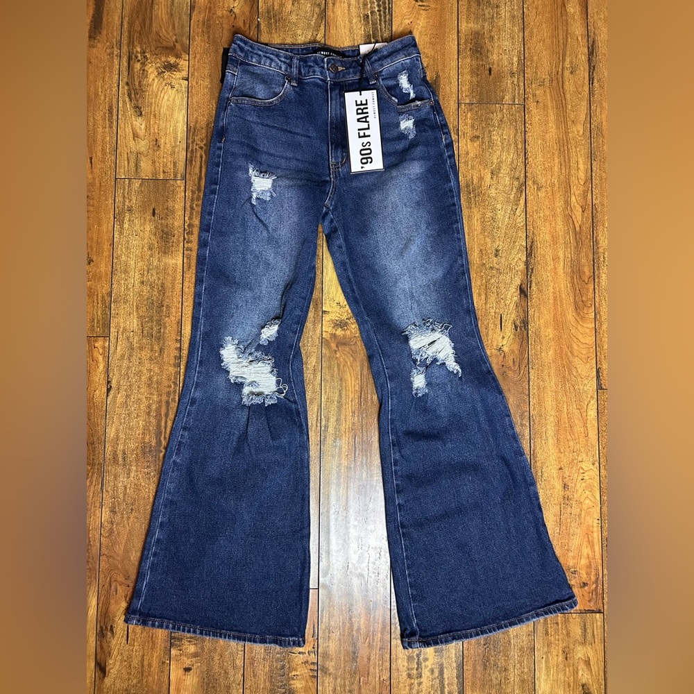 Almost Famous 90s Flare Jeans Dark Wash Distressed Size 5 NWT